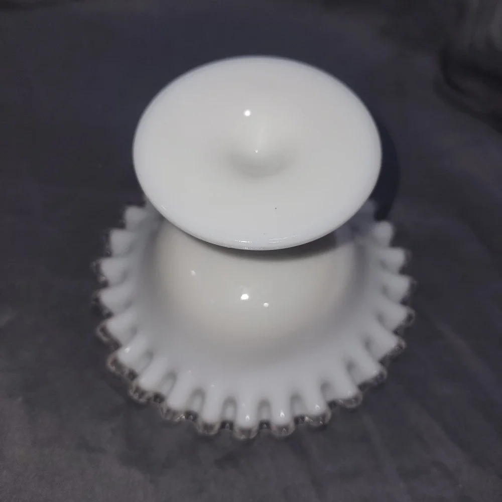 Vintage Fenton Silver Crest Ruffled Compote Milk Glass Pedestal Candy Dish